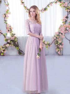Captivating Lavender Tulle Side Zipper V-neck Half Sleeves Floor Length Damas Dress Lace and Belt