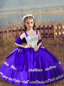 Exceptional Purple Pageant Gowns For Girls Wedding Party with Beading and Embroidery Straps Sleeveless Lace Up
