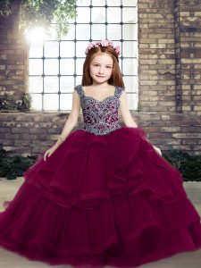 Eye-catching Fuchsia Ball Gowns Straps Sleeveless Tulle Floor Length Lace Up Beading and Ruffles Pageant Gowns For Girls