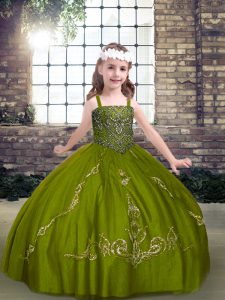 Romantic Straps Sleeveless Lace Up Child Pageant Dress Olive Green Tulle