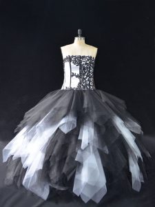 Super White And Black Sleeveless Floor Length Lace and Ruffles Lace Up Quinceanera Dress