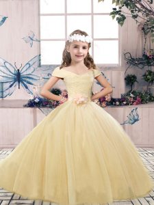 Floor Length Champagne Kids Formal Wear Off The Shoulder Sleeveless Lace Up