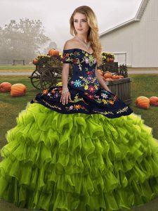 High Class Floor Length Olive Green Quinceanera Gown Organza Sleeveless Embroidery and Ruffled Layers