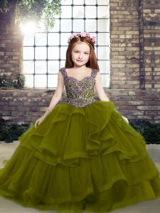 Sleeveless Floor Length Beading and Ruffles Lace Up Kids Pageant Dress with Olive Green