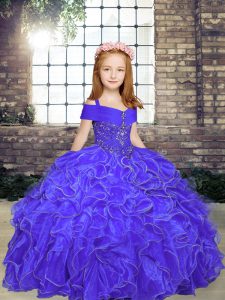 Simple Purple Organza Lace Up Straps Sleeveless Floor Length Little Girl Pageant Gowns Beading and Ruffles
