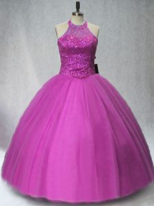 Elegant Sleeveless Tulle Floor Length Lace Up Quinceanera Dresses in Purple with Beading