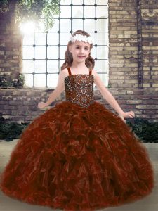 Top Selling Rust Red Straps Lace Up Beading Pageant Dress for Teens Sleeveless