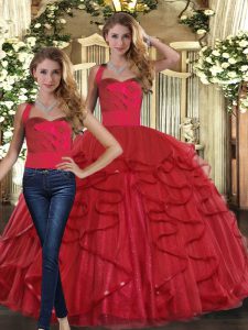 Red Tulle Lace Up Straps Sleeveless Floor Length Sweet 16 Dress Ruffles
