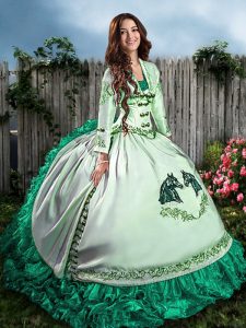 Trendy Floor Length Turquoise Vestidos de Quinceanera Satin and Organza Sleeveless Embroidery and Ruffles
