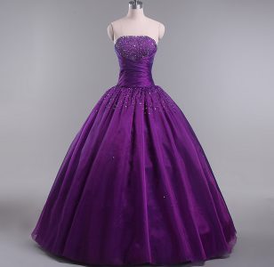 Floor Length Eggplant Purple Sweet 16 Dresses Strapless Sleeveless Lace Up