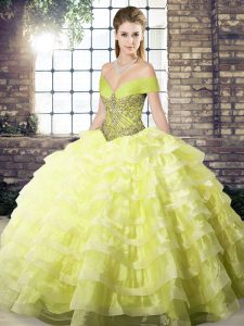 Simple Yellow Organza Lace Up Quinceanera Gown Sleeveless Brush Train Beading and Ruffled Layers