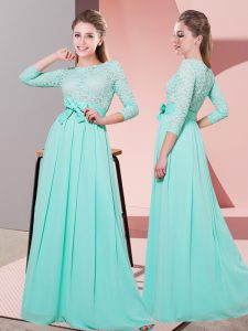 Apple Green 3 4 Length Sleeve Floor Length Lace and Belt Side Zipper Quinceanera Court Dresses