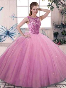 Perfect Floor Length Ball Gowns Sleeveless Rose Pink 15th Birthday Dress Lace Up