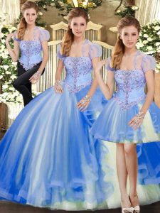 Floor Length Blue Quinceanera Gown Strapless Sleeveless Lace Up