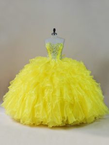 Gorgeous Yellow Lace Up Quinceanera Dresses Beading and Ruffles Sleeveless Floor Length