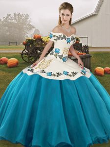 Blue And White Sleeveless Organza Lace Up Quinceanera Dresses for Military Ball and Sweet 16 and Quinceanera