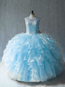 Admirable Organza Scoop Sleeveless Lace Up Beading and Ruffles 15th Birthday Dress in Blue