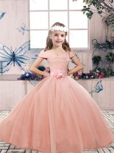 Off The Shoulder Sleeveless Tulle Little Girl Pageant Dress Lace and Belt Lace Up