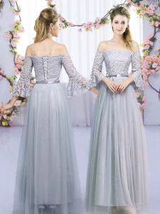 Best Lace and Belt Dama Dress for Quinceanera Grey Lace Up 3 4 Length Sleeve Floor Length