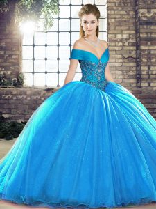 Amazing Organza Off The Shoulder Sleeveless Brush Train Lace Up Beading Sweet 16 Dresses in Blue