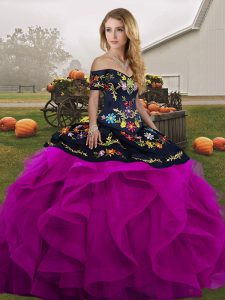 Off The Shoulder Sleeveless Lace Up Sweet 16 Dresses Black And Purple Tulle