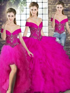 Sleeveless Tulle Floor Length Lace Up Sweet 16 Quinceanera Dress in Fuchsia with Beading and Ruffles