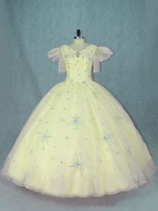 Decent Yellow Ball Gowns Beading Ball Gown Prom Dress Zipper Organza Short Sleeves Floor Length