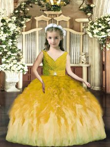 Olive Green Ball Gowns Beading and Ruffles Little Girl Pageant Gowns Backless Tulle Sleeveless Floor Length