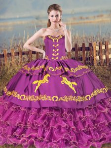 Stylish Purple Sleeveless Brush Train Embroidery and Ruffles Ball Gown Prom Dress