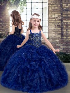 Sumptuous Blue Ball Gowns Straps Sleeveless Organza Floor Length Lace Up Beading and Ruffles Little Girl Pageant Gowns
