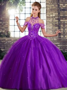 Comfortable Purple Tulle Lace Up Quinceanera Dress Sleeveless Brush Train Beading