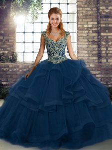 Tulle Straps Sleeveless Lace Up Beading and Ruffles 15 Quinceanera Dress in Blue