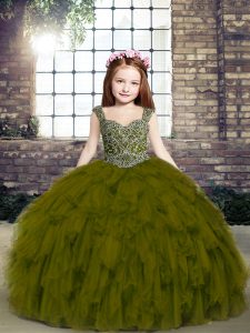 Olive Green Ball Gowns Straps Sleeveless Tulle Floor Length Lace Up Beading and Ruffles Little Girl Pageant Dress