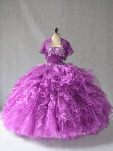 Inexpensive Floor Length Purple Quinceanera Gowns Organza Sleeveless Beading and Ruffles