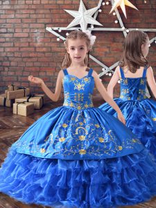 Royal Blue Straps Neckline Embroidery and Ruffled Layers Little Girls Pageant Dress Sleeveless Lace Up