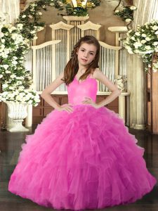 Best Hot Pink Pageant Gowns Party and Sweet 16 and Wedding Party with Ruffles Straps Sleeveless Lace Up
