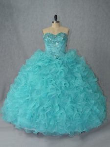 Attractive Sleeveless Organza Lace Up Ball Gown Prom Dress in Aqua Blue with Beading and Ruffles