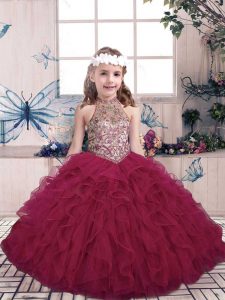 Exquisite Fuchsia Lace Up Kids Formal Wear Beading and Ruffles Sleeveless Floor Length