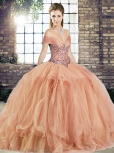 Peach Sleeveless Tulle Lace Up Sweet 16 Quinceanera Dress for Military Ball and Sweet 16 and Quinceanera