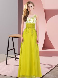 Olive Green Empire Scoop Sleeveless Chiffon Floor Length Backless Appliques Quinceanera Dama Dress