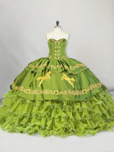 Olive Green Satin and Organza Lace Up Sweetheart Sleeveless Sweet 16 Quinceanera Dress Brush Train Embroidery and Ruffled Layers