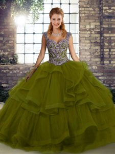 Olive Green Sleeveless Floor Length Beading and Ruffles Lace Up 15th Birthday Dress
