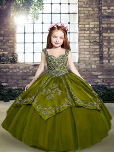 Floor Length Olive Green Pageant Gowns For Girls Straps Sleeveless Lace Up