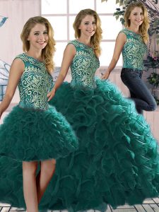 Shining Peacock Green Sleeveless Floor Length Beading and Ruffles Lace Up Sweet 16 Dress