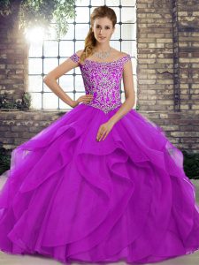 Discount Purple Lace Up 15 Quinceanera Dress Beading and Ruffles Sleeveless Brush Train