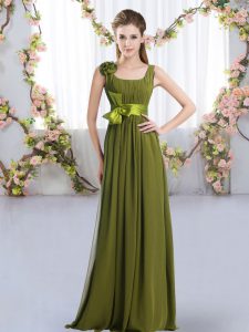 Sleeveless Floor Length Belt and Hand Made Flower Zipper Dama Dress with Olive Green