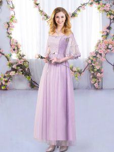 Fashionable Lavender Side Zipper Vestidos de Damas Lace and Belt Half Sleeves Floor Length