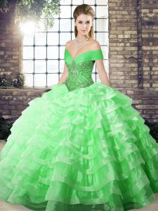Green Lace Up Quinceanera Dresses Beading and Ruffled Layers Sleeveless Brush Train