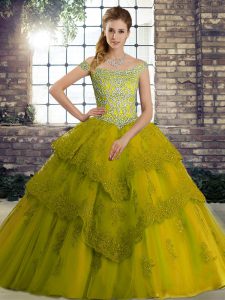 Free and Easy Olive Green Ball Gowns Beading and Lace Ball Gown Prom Dress Lace Up Tulle Sleeveless