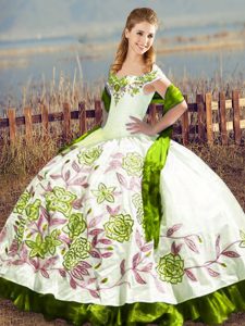 Olive Green Off The Shoulder Lace Up Embroidery Sweet 16 Dresses Sleeveless